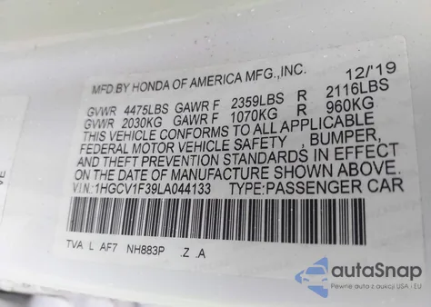 2020 Honda Accord Sport из США, поврежденный, VIN 1HGCV1F39LA044133